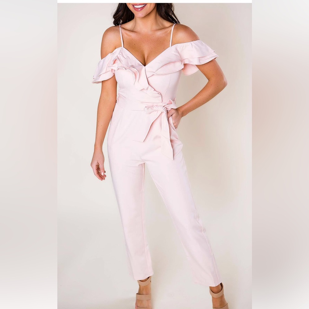 Blush ruffle cold shoulder jumpsuit